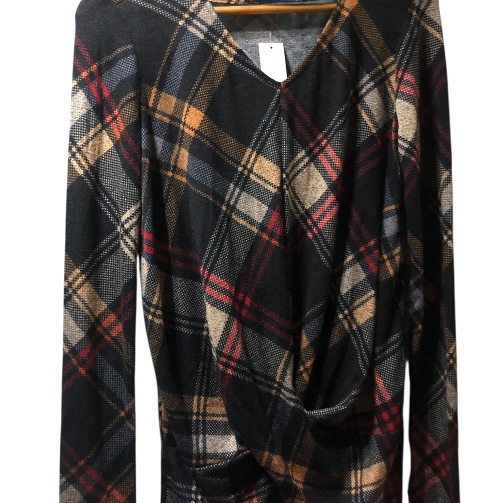 Maurices Plaid Long Sleeve Blouse - Black, Red, Tan